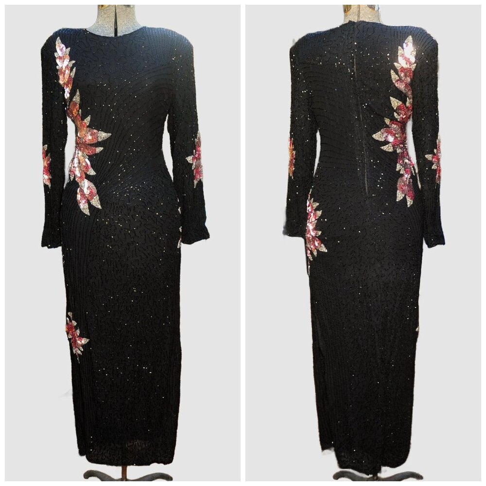 VTG 80s Black Beaded Maxi Dress w/ Pink Sequin Flowers XXS/XS Klass Collections